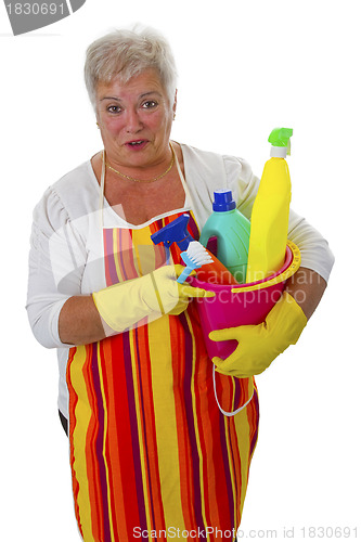 Image of Female senior with  cleaning utensils 