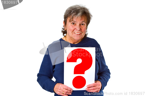 Image of Female senior holding question mark