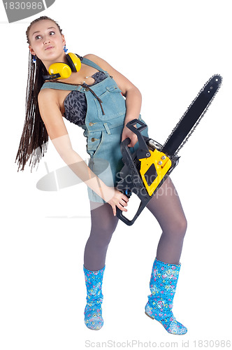 Image of Pretty girl with chainsaw