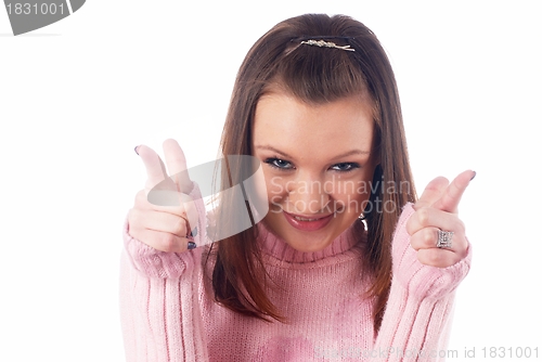 Image of Pretty girl with pointing fingers