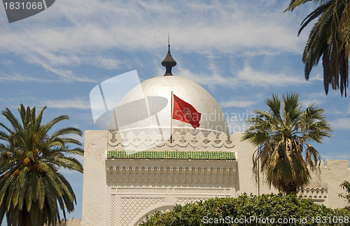 Image of landmark large silver dome mosque and flag Sousse Tunisia Africa