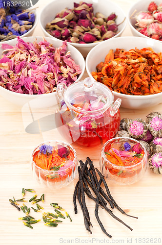 Image of Herbal natural floral tea infusion with dry flowers