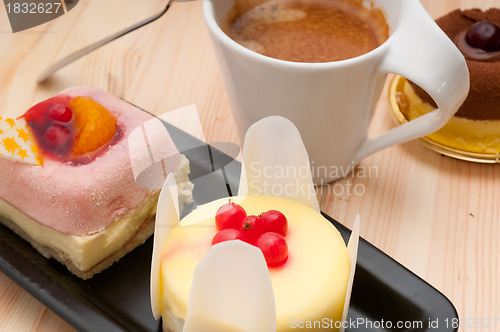 Image of espresso coffee and  fruit cake