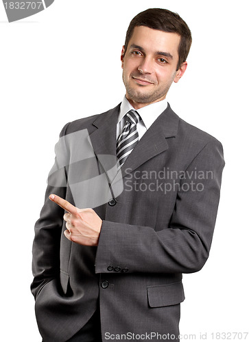 Image of Business Man Shows Something With Finger