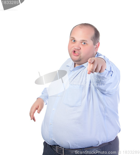 Image of Fat Man in a Blue Shirt, Points Finger