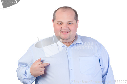 Image of Fat Man in a Blue Shirt, Showing Obscene Gestures