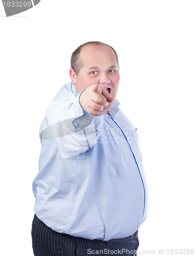 Image of Fat Man in a Blue Shirt, Points Finger