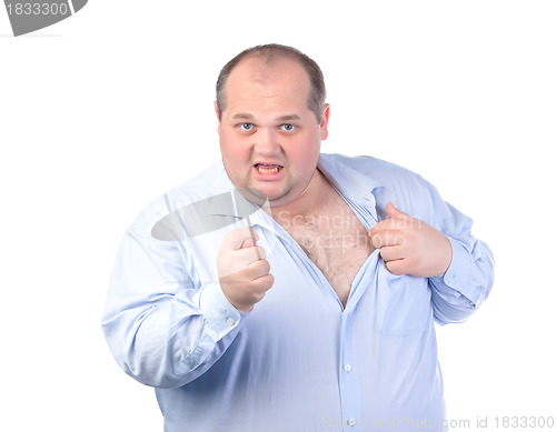 Image of Fat Man in a Blue Shirt, Showing Obscene Gestures