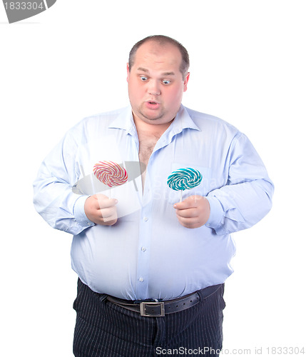 Image of Fat Man in a Blue Shirt, with Lollipop