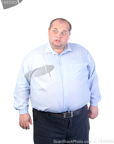 Image of Fat Man in a Blue Shirt, Contorts Antics