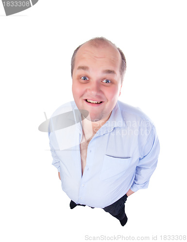 Image of Happy Fat Man in a Blue Shirt, wide-angle top view