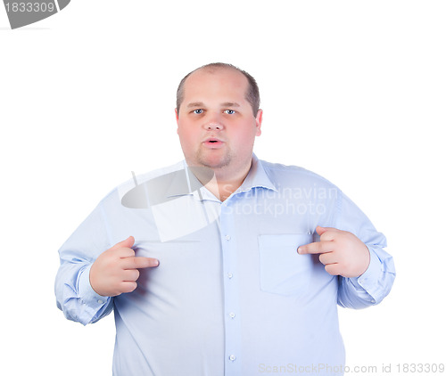 Image of Fat Man in a Blue Shirt, Showing Obscene Gestures