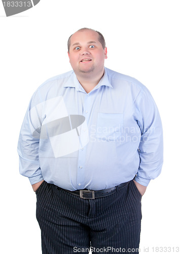 Image of Fat Man in a Blue Shirt, Contorts Antics