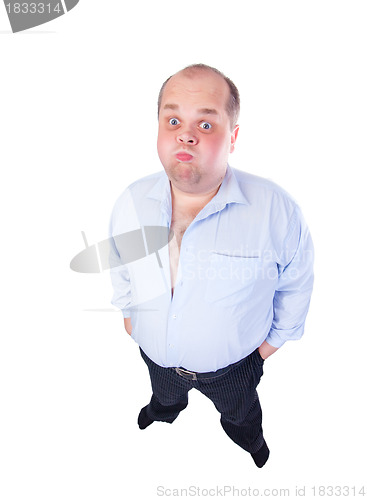 Image of Fat Man in a Blue Shirt, Contorts Antics, wide-angle top view