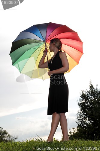 Image of Woman with rainbow umbrella on a hill