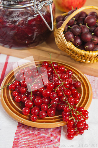 Image of Jam with berries of red currant and gooseberry on the table