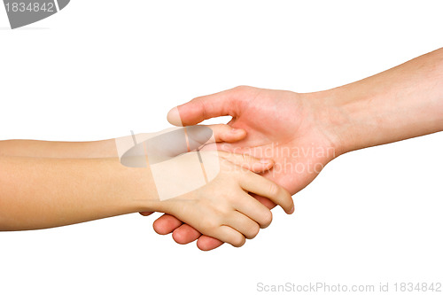 Image of small child's hand holding on to a big hand man