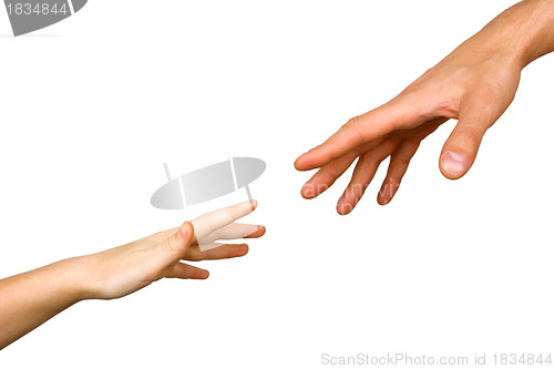 Image of small child's hand reaches for the big hand man