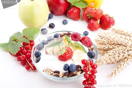 Image of deliscious healthy breakfast with flakes and fruits isolated