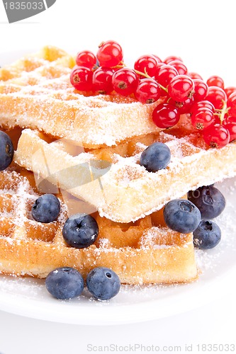 Image of sweet fresh tasty waffles with mixed fruits isolated