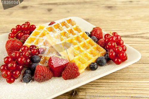 Image of fresh tasty waffer with powder sugar and mixed fruits