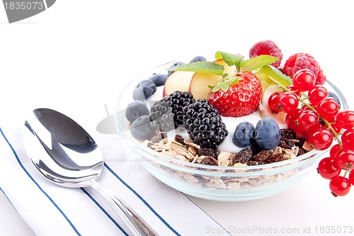 Image of deliscious healthy breakfast with flakes and fruits isolated