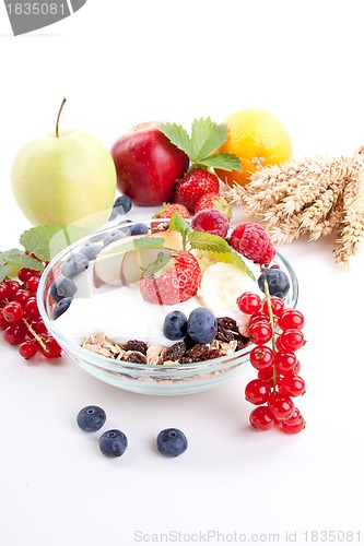 Image of deliscious healthy breakfast with flakes and fruits isolated