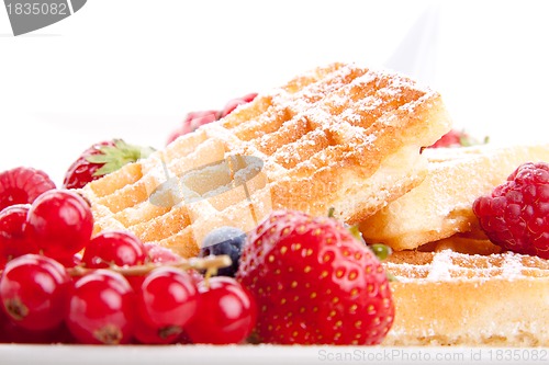 Image of sweet fresh tasty waffles with mixed fruits isolated