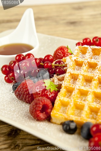 Image of fresh tasty waffer with powder sugar and mixed fruits