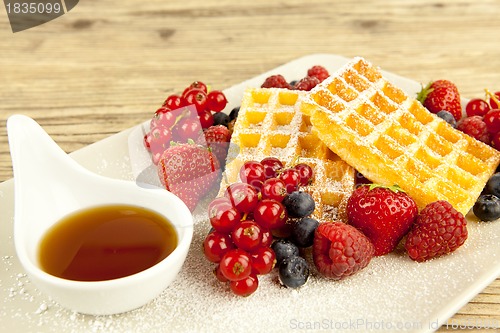 Image of fresh tasty waffer with powder sugar and mixed fruits