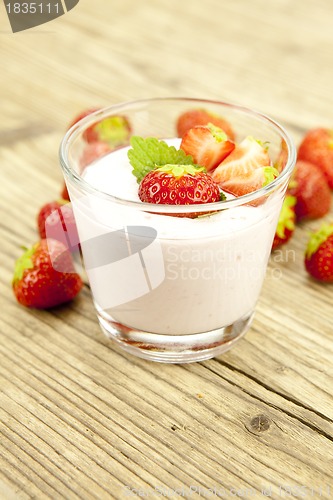 Image of fresh tasty strawberry yoghurt shake dessert on table