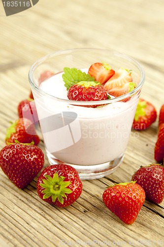 Image of fresh tasty strawberry yoghurt shake dessert on table