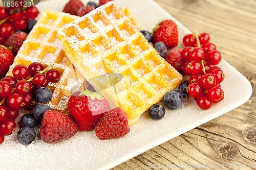 Image of fresh tasty waffer with powder sugar and mixed fruits