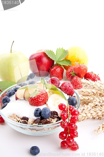 Image of deliscious healthy breakfast with flakes and fruits isolated