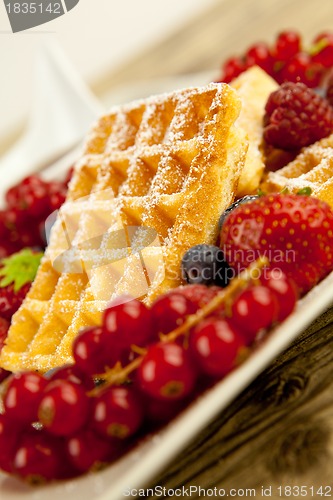 Image of fresh tasty waffer with powder sugar and mixed fruits