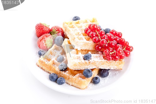 Image of sweet fresh tasty waffles with mixed fruits isolated