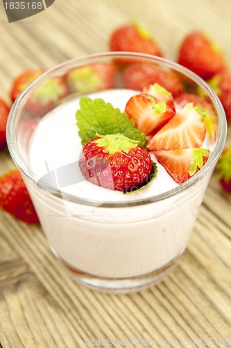 Image of fresh tasty strawberry yoghurt shake dessert on table