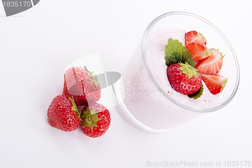 Image of fresh deliscious strwaberry yoghurt shake cream isolated