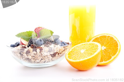 Image of deliscious healthy breakfast with flakes and fruits isolated