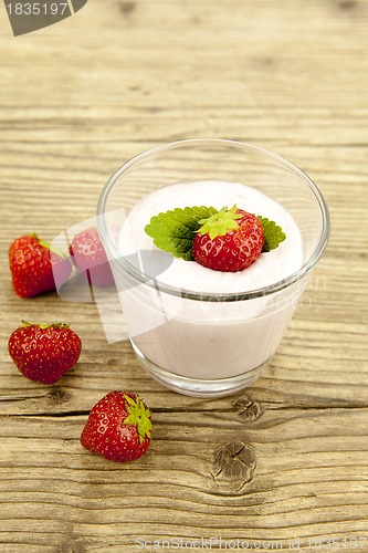 Image of fresh tasty strawberry yoghurt shake dessert on table