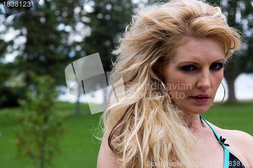 Image of Beautiful blond womand in bikini - copyspace