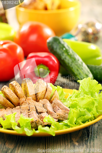 Image of Meat with baked potatoes.