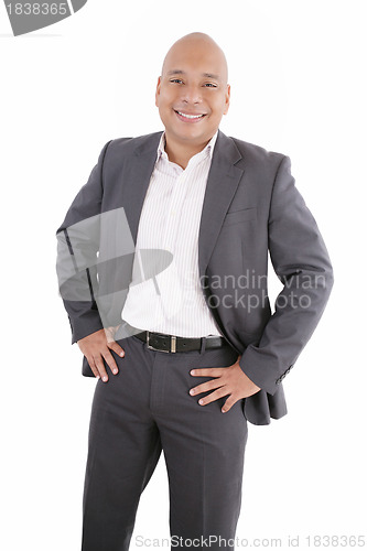 Image of portrait of black businessman with suit over white background