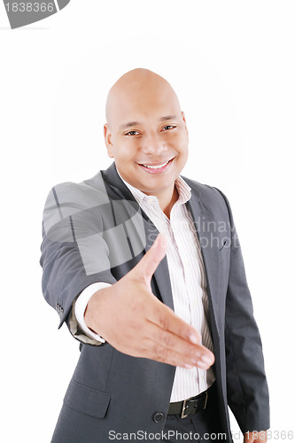 Image of Portrait of an African American business man with an open hand r