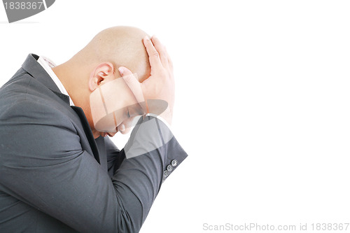 Image of portrait of young businessman depressed and sad 