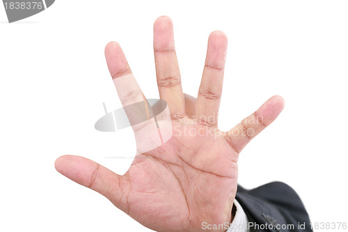 Image of Shy business men hand gesture hide face stop sign 