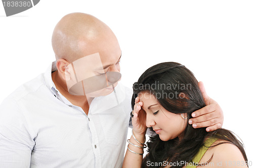 Image of Husband comforts young wife, isolated on white