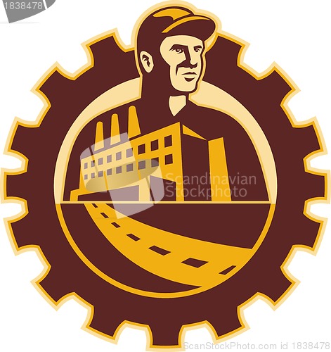 Image of Factory Worker Mechanic With Cog Building