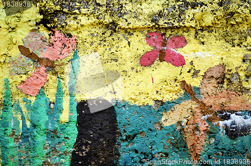 Image of Concrete wall colorful paint with butterflies 