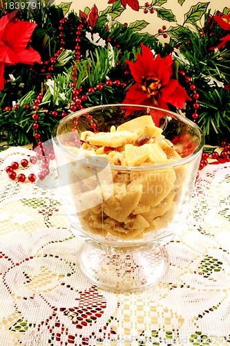 Image of Clear  bowl of peanut brittle at Christmas